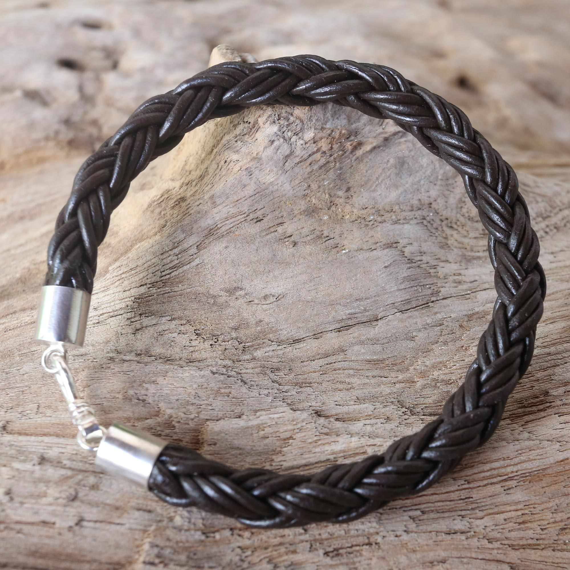 Men's Thai Brown Leather Braided Bracelet with Silver Clasp, 'Sophisticated  Braid