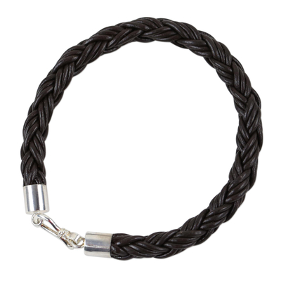 Men's leather bracelet, 'Sophisticated Braid' - Men's Thai Brown Leather Braided Bracelet with Silver Clasp