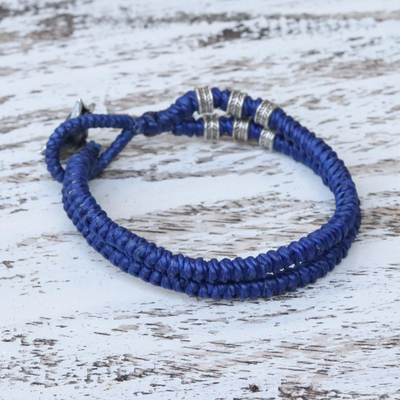 Silver wristband bracelet, 'Rosy Karen in Blue' - Karen Silver Rose Wristband Bracelet in Blue from Thailand