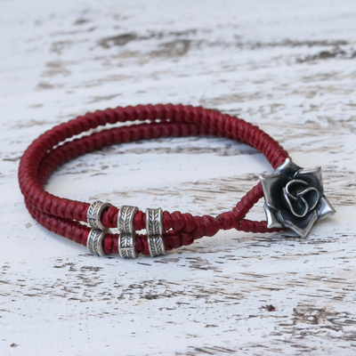 Silver wristband bracelet, 'Rosy Karen in Red' - Karen Silver Rose Wristband Bracelet in Red from Thailand