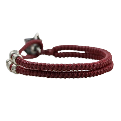 Silver wristband bracelet, 'Rosy Karen in Red' - Karen Silver Rose Wristband Bracelet in Red from Thailand