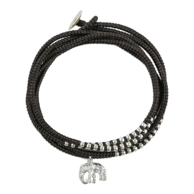 Silberfarbenes Wickelarmband, 'Amazing Elephant in Brown'. - Karen Silbernes Elefanten-Wickelarmband in Braun aus Thailand