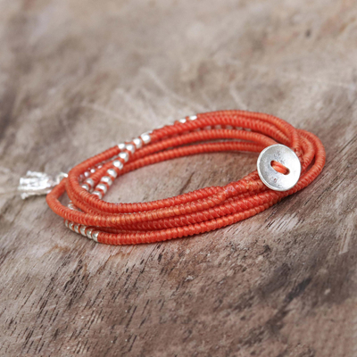 Silver wrap bracelet, 'Amazing Elephant in Orange' - Karen Silver Elephant Wrap Bracelet in Orange from Thailand