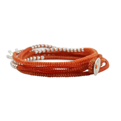 Silver wrap bracelet, 'Amazing Elephant in Orange' - Karen Silver Elephant Wrap Bracelet in Orange from Thailand