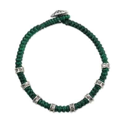 Silver accented wristband bracelet, 'Good Living in Green' - Wristband Bracelet with Karen Silver in Green from Thailand