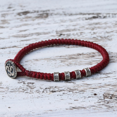 Silver accented wristband bracelet, 'Living Om in Red' - Karen Silver Om Wristband Bracelet in Red from Thailand