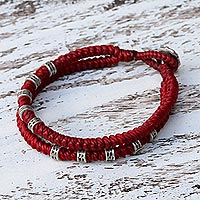 Silver accented wristband bracelet, 'Living Together in Red' - Double Strand Wristband Bracelet with Karen Silver in Red