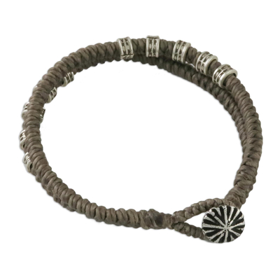 Silver beaded wristband bracelet, 'Living Together in Grey' - Double-Strand Wristband Bracelet with Karen Silver in Grey