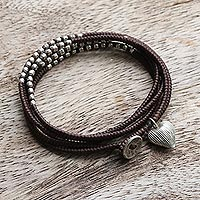 21-Inch Brown Cord Wrap Bracelet with Hill Tribe Silver,'Brown Hill Tribe Sweetheart'