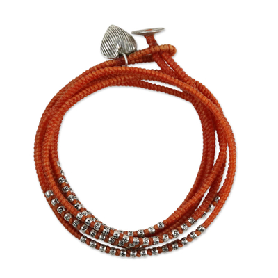 Silver accented wrap bracelet, 'Orange Hill Tribe Sweetheart' - Hill Tribe Silver and Orange Cord Wrap Bracelet (21 Inches)