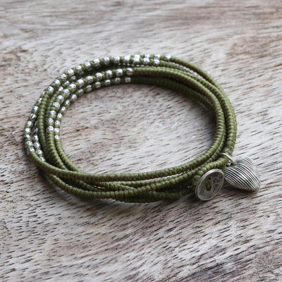 Silver accented wrap bracelet, 'Green Hill Tribe Sweetheart' - 21 Inch Thai Hill Tribe Silver and Green Cord Wrap Bracelet
