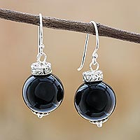 Onyx dangle earrings, 'Perfect Orbs' - Onyx and Sterling Silver Dangle Earrings from Thailand
