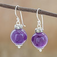 Amethyst and 925 Silver Dangle Earrings from Thailand,'Perfect Orbs'