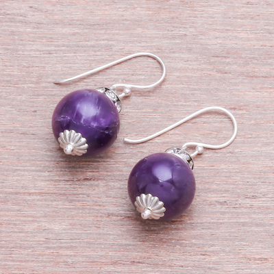 Amethyst dangle earrings, 'Perfect Orbs' - Amethyst and 925 Silver Dangle Earrings from Thailand