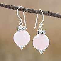 Rose quartz dangle earrings, 'Perfect Orbs' - Rose Quartz and 925 Silver Dangle Earrings from Thailand