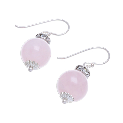 Rose quartz dangle earrings, 'Perfect Orbs' - Rose Quartz and 925 Silver Dangle Earrings from Thailand