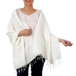 Silk shawl, 'Afternoon Breeze' - Handwoven Fringed Silk Shawl in Ivory from Thailand