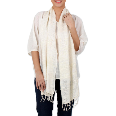 Silk shawl, 'Afternoon Breeze' - Handwoven Fringed Silk Shawl in Ivory from Thailand