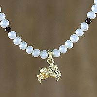 Gold plated cultured pearl and garnet pendant necklace, 'Radiant Pisces' - Gold Plated Cultured Pearl and Garnet Pisces Necklace