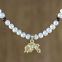 Gold plated cultured pearl and garnet pendant necklace, 'Radiant Taurus' - Gold Plated Cultured Pearl and Garnet Taurus Necklace