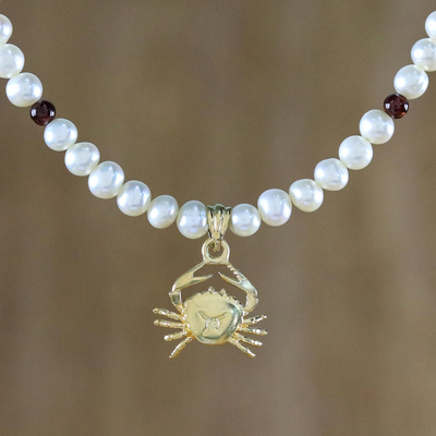 Gold plated cultured pearl and garnet pendant necklace, Radiant Cancer