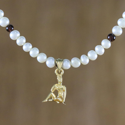 Gold plated cultured pearl and garnet pendant necklace, Radiant Virgo