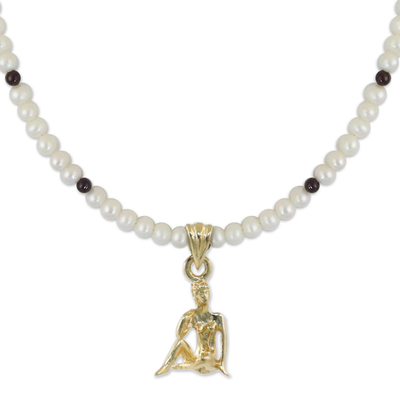 Gold Plated Cultured Pearl and Garnet Virgo Pendant Necklace