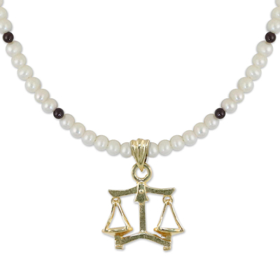 Gold plated cultured pearl and garnet pendant necklace, 'Radiant Libra' - Gold Plated Cultured Pearl and Garnet Libra Pendant Necklace