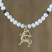 Gold plated cultured pearl and garnet pendant necklace, 'Radiant Sagittarius' - Gold Plated Cultured Pearl and Garnet Sagittarius Necklace