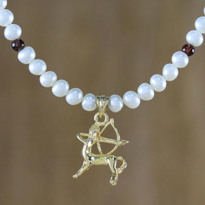 Gold Plated Cultured Pearl and Garnet Sagittarius Necklace, 'Radiant  Sagittarius'