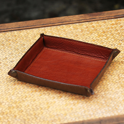 Cajón de cuero - Catchall de cuero tailandés hecho a mano en ladrillo y cobre