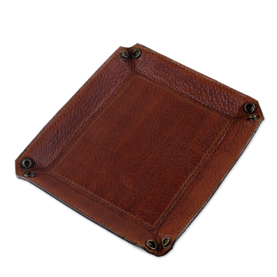Leather catchall, 'Classic Brown' - Handcrafted Thai Leather Catchall in Brick and Copper