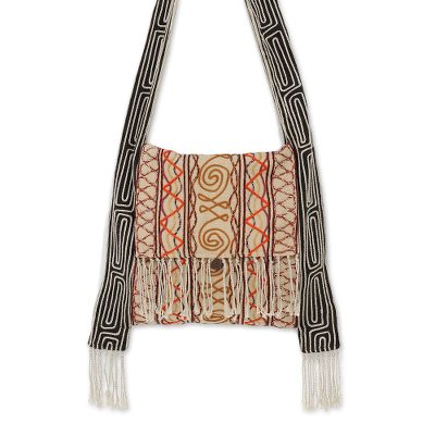 Hemp blend shoulder bag, 'Fresh Life in Buff' - Hemp Blend Embroidered Shoulder Bag in Buff from Thailand