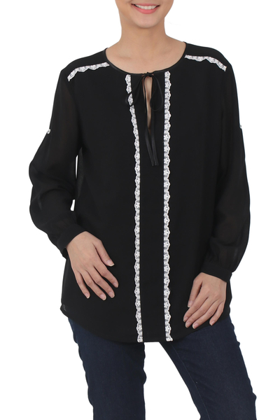 Lace accent blouse, 'Noble Grace in Black' - Black Polyester Long Sleeve Tie Neck Blouse from Thailand