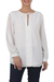 Lace accent blouse, 'Noble Grace in Eggshell' - Polyester Long Sleeve Tie Neck Blouse from Thailand