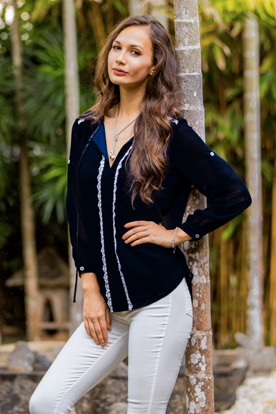 Lace accent blouse, 'Noble Grace in Blue' - Blue Polyester Long Sleeve Tie Neck Blouse from Thailand