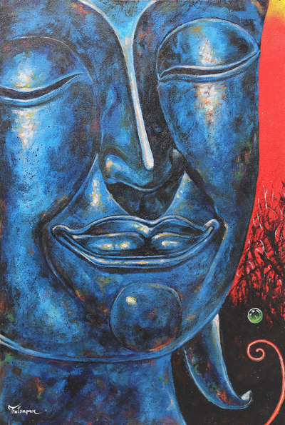 'The Calmness II' - Original Signed Blue Buddha Painting from Thailand