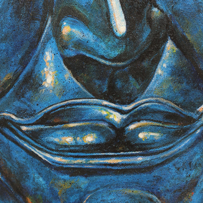 'The Calmness II' - Original Signed Blue Buddha Painting from Thailand