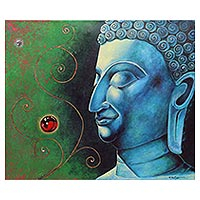 'Buda de la calma' - Pintura original firmada de Buda tailandés en azul y verde