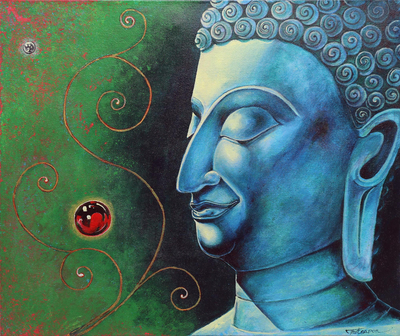 Signed Original Thai Buddha Painting in Blue and Green