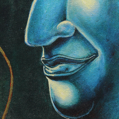 'Calmness Buddha' - Signiertes originales thailändisches Buddha-Gemälde in Blau und Grün