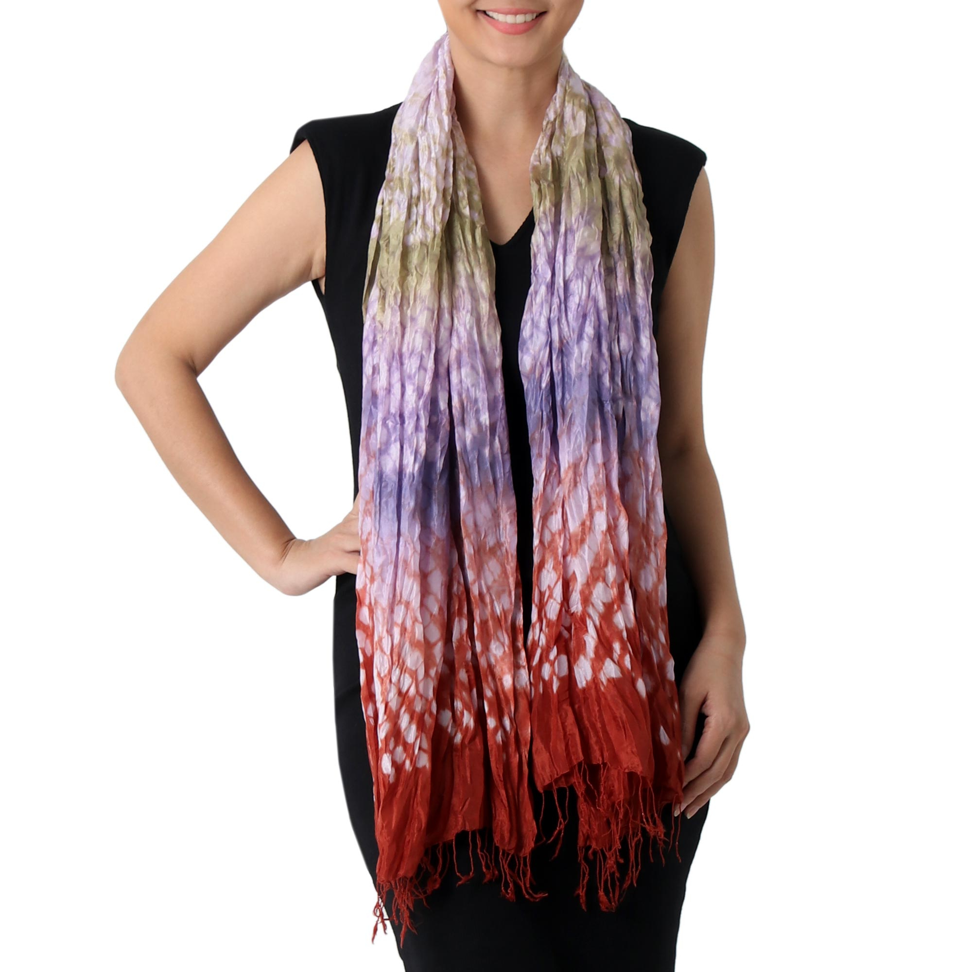 Fair Trade Colourful Light Silky Tie-Dye Batik Beaded Long Scarf Wrap Shawl