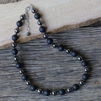 Onyx and hematite beaded necklace, 'Dark Cosmos' - Onyx and Hematite Beaded Necklace from Thailand