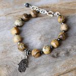 Jasper beaded bracelet, 'Stellar Hamsa' - Jasper and Sterling Silver Hamsa Bracelet from Thailand