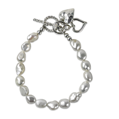 Cultured Pearl Beaded Heart Charm Bracelet from Thailand