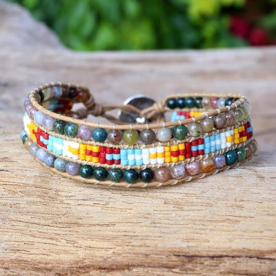 Agate wristband bracelet, 'Dreamy Colors' - Karen Silver Agate Beaded Wristband Bracelet from Thailand