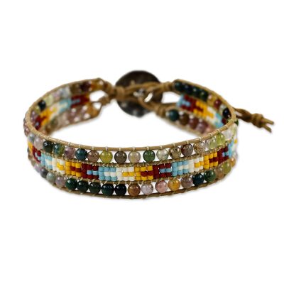 Agate wristband bracelet, 'Dreamy Colors' - Karen Silver Agate Beaded Wristband Bracelet from Thailand