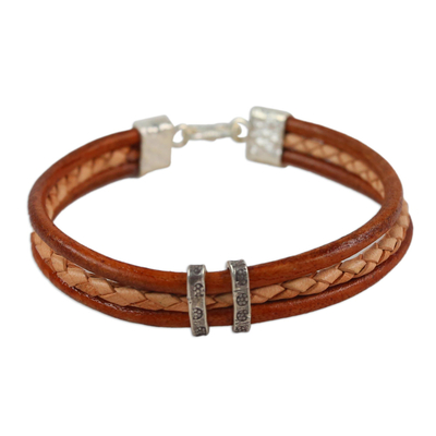 Silver accent braided bracelet, 'Tan Textural Contrast' - Brown and Tan Leather Bracelet with Hill Tribe Silver