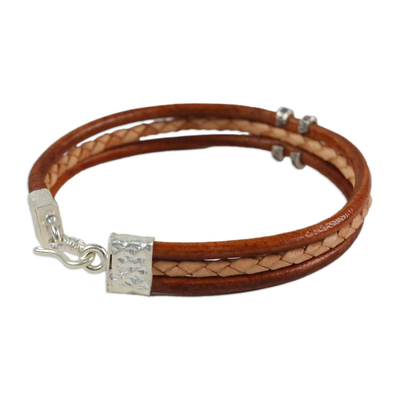 Silver accent braided bracelet, 'Tan Textural Contrast' - Brown and Tan Leather Bracelet with Hill Tribe Silver