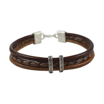 Silver accent braided bracelet, 'Brown Textural Contrast' - Brown Leather Braided Bracelet with Hill Tribe Silver